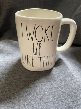 Rae Dunn White Ceramic Mug with Black Lettering - "I Woke Up Like This"